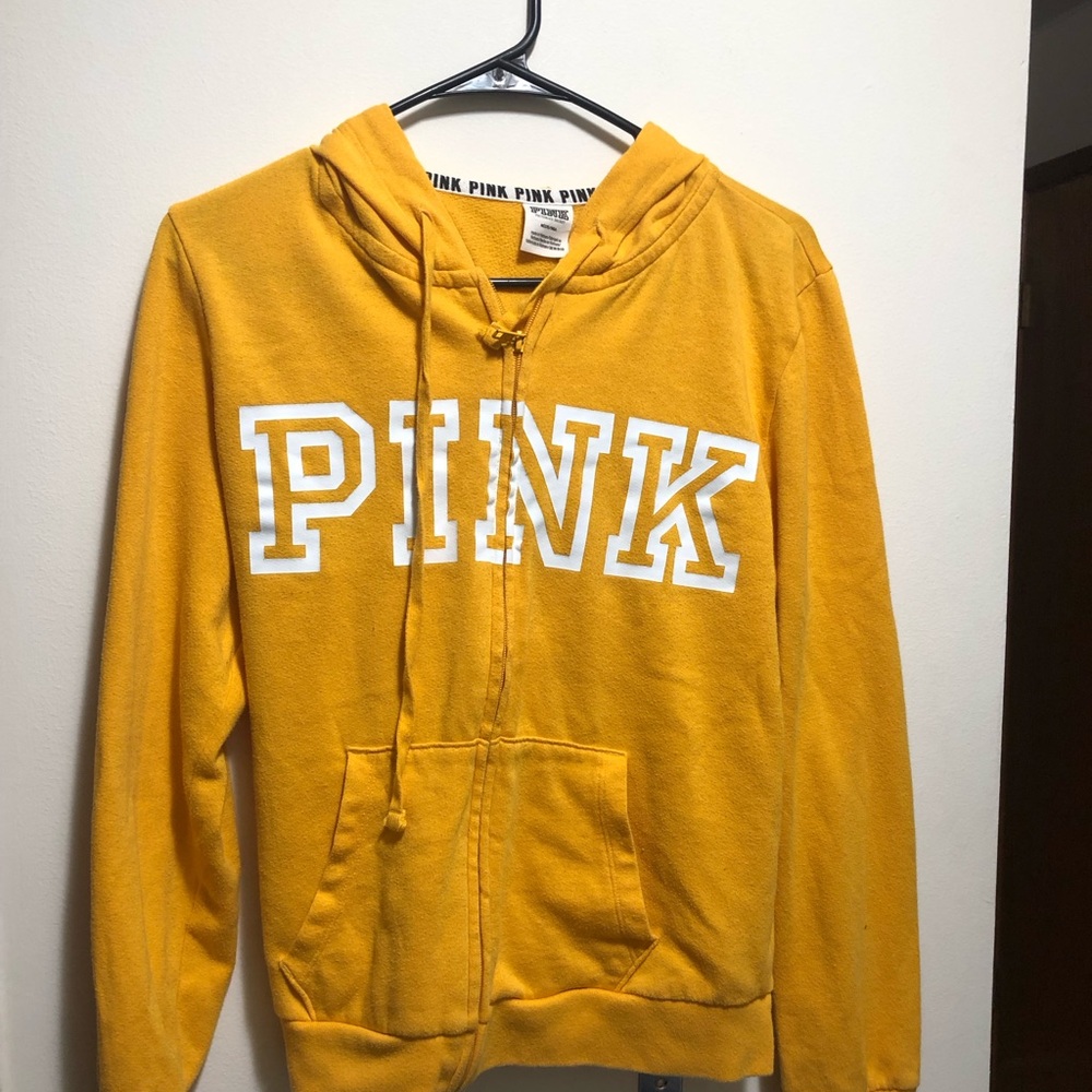 Victorias Secret PINK Womens Gold White Sweatshirt Hoodie Jacket Sz Medium